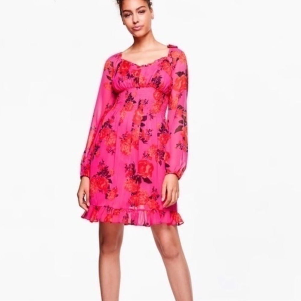 New Betsey Johnson Blooming Roses Midi Dress Floral Hot Pink Smocked Waist 10